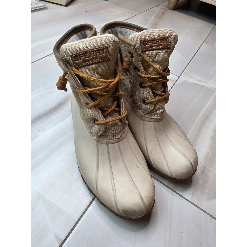 Sperry Top-Sider Saltwater Duck Boots Womens 7.5 Tan Quilted Canvas STS99071 A2 - Picture 14 of 16